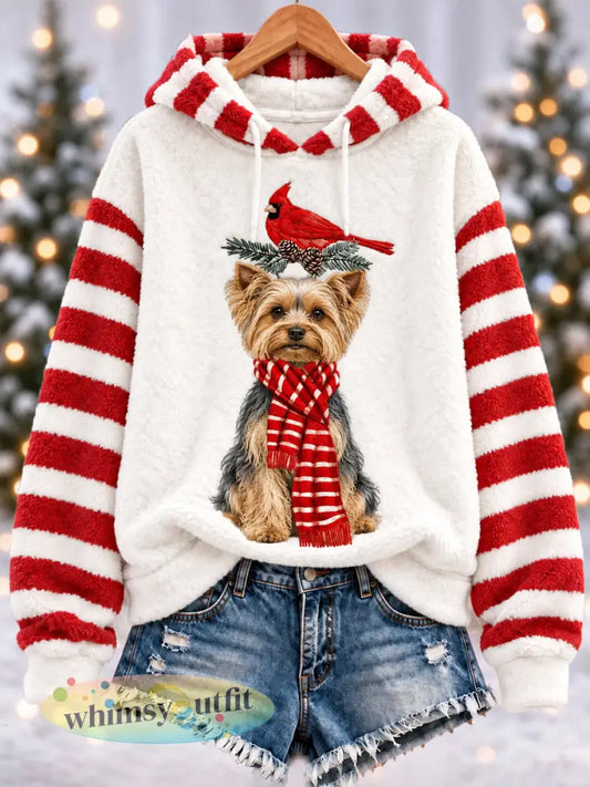 Vrouwen Kerst Leuke Grappige Yorkshire Terrier Northern Cardinal Strepen Print Casual Flanellen Hoodie - Wit / S