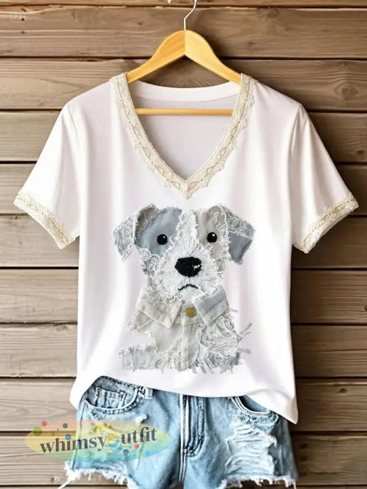 Vrouwen Kunst Hond Kanten Patchwork Gedrukt T-shirt met V-hals - Wit / S