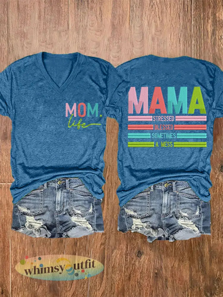 Vrouwen Mama Gestrest Gezegend Soms Een Mess Moederdag Gift Casual V-hals Tee - Blauw / S