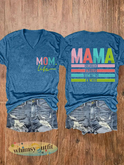Vrouwen Mama Gestrest Gezegend Soms Een Mess Moederdag Gift Casual V-hals Tee - Blauw / S