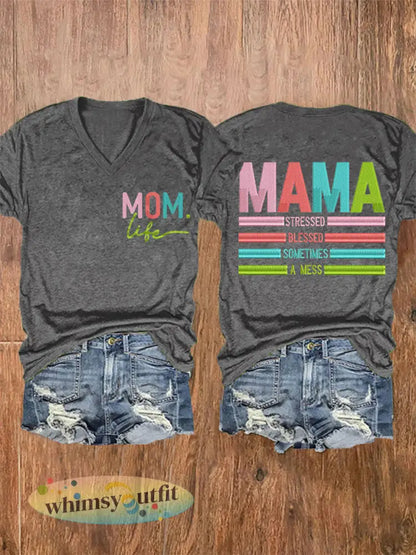 Vrouwen Mama Gestrest Gezegend Soms Een Mess Moederdag Gift Casual V-hals Tee - Donkergrijs / S