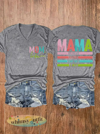 Vrouwen Mama Gestrest Gezegend Soms Een Mess Moederdag Gift Casual V-hals Tee - Lichtgrijs / S