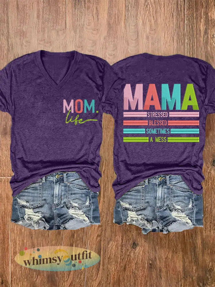 Vrouwen Mama Gestrest Gezegend Soms Een Mess Moederdag Gift Casual V-hals Tee - Paars / S