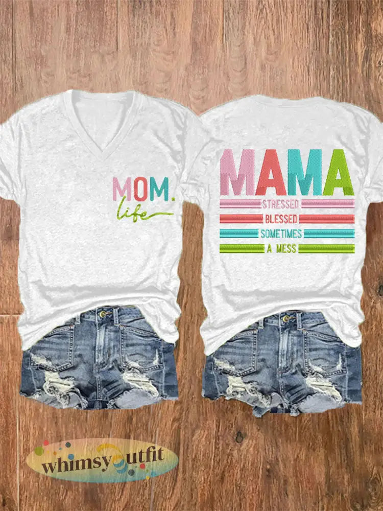 Vrouwen Mama Gestrest Gezegend Soms Een Mess Moederdag Gift Casual V-hals Tee - Wit / S