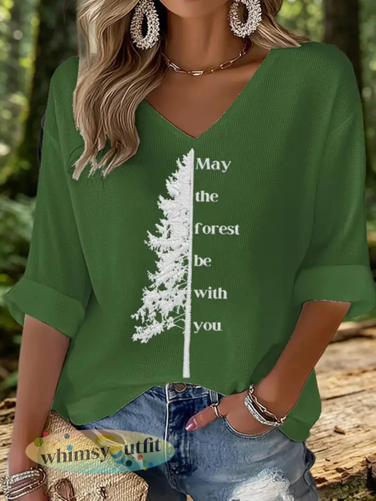 Vrouwen May The Forest Be With You Gedrukte wafel T-shirt - Groen / S