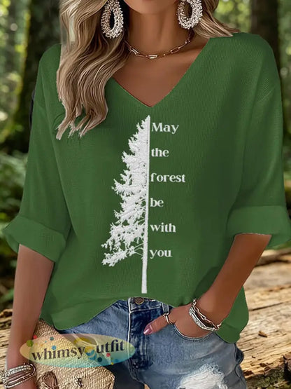 Vrouwen May The Forest Be With You Gedrukte wafel T-shirt - Groen / S