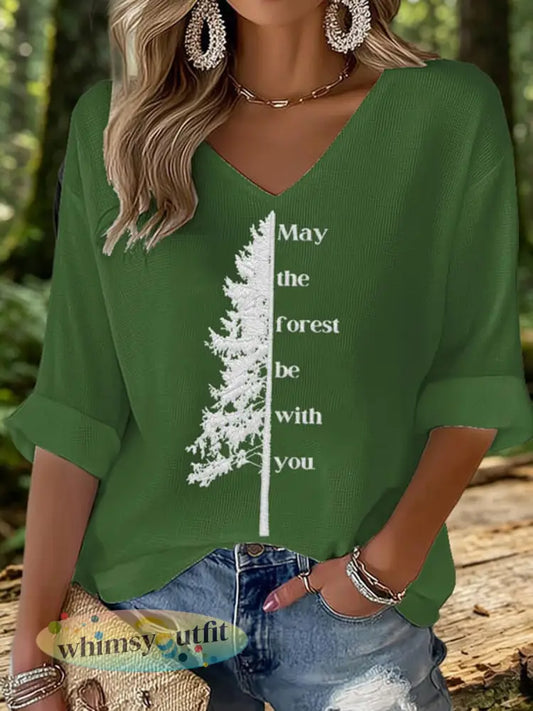 Vrouwen May The Forest Be With You Gedrukte wafel T-shirt - Groen / S
