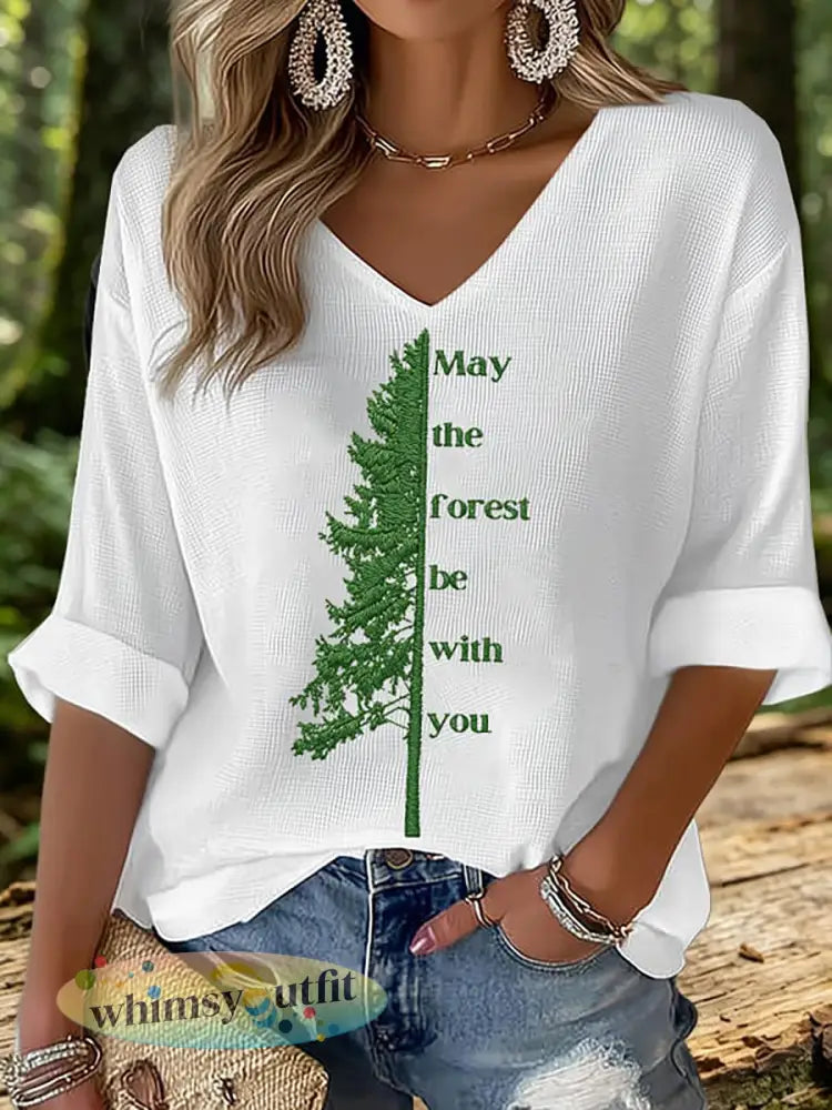 Vrouwen May The Forest Be With You Gedrukte wafel T-shirt - Wit / S