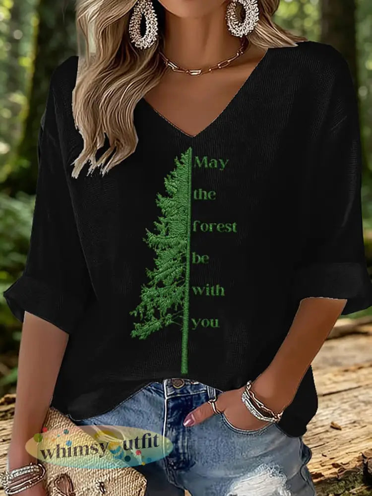 Vrouwen May The Forest Be With You Gedrukte wafel T-shirt - Zwart / S