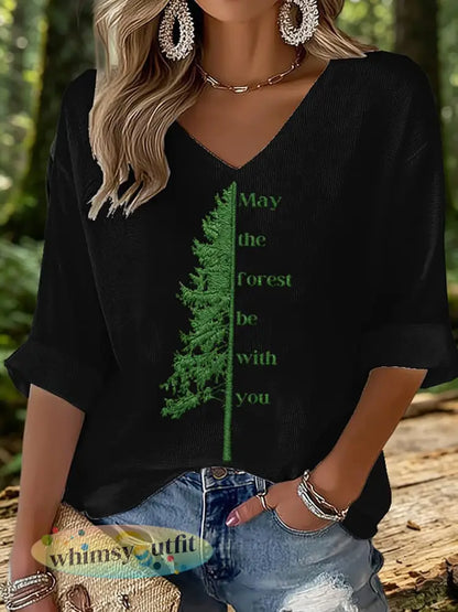 Vrouwen May The Forest Be With You Gedrukte wafel T-shirt - Zwart / S