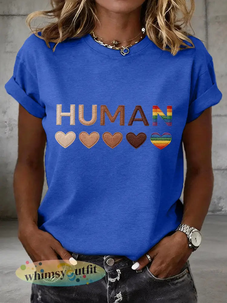 Vrouwen Menselijke Gelijkheid Borduurwerk Patroon T-shirt - Blauw / S