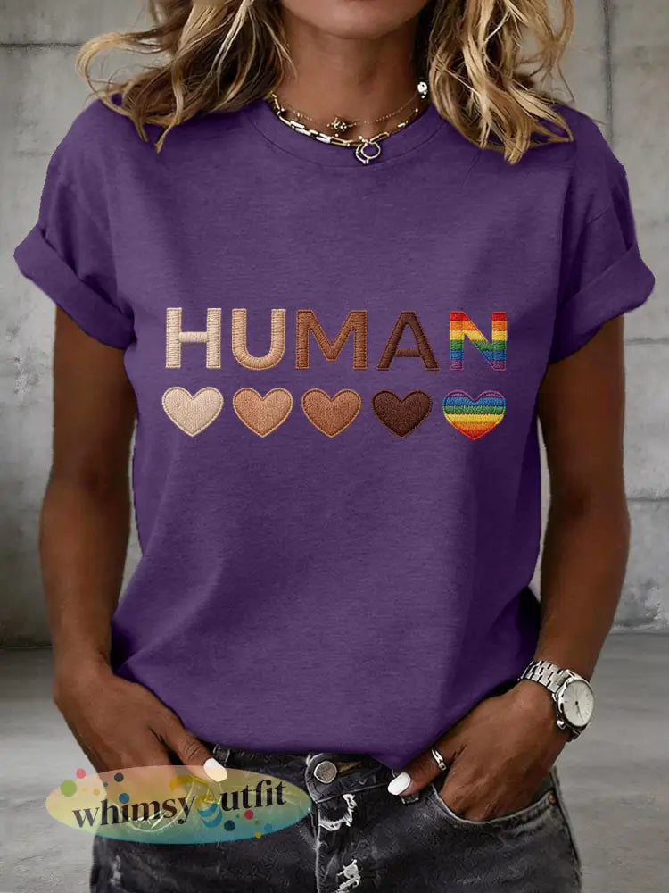 Vrouwen Menselijke Gelijkheid Borduurwerk Patroon T-shirt - Diep Paars / S