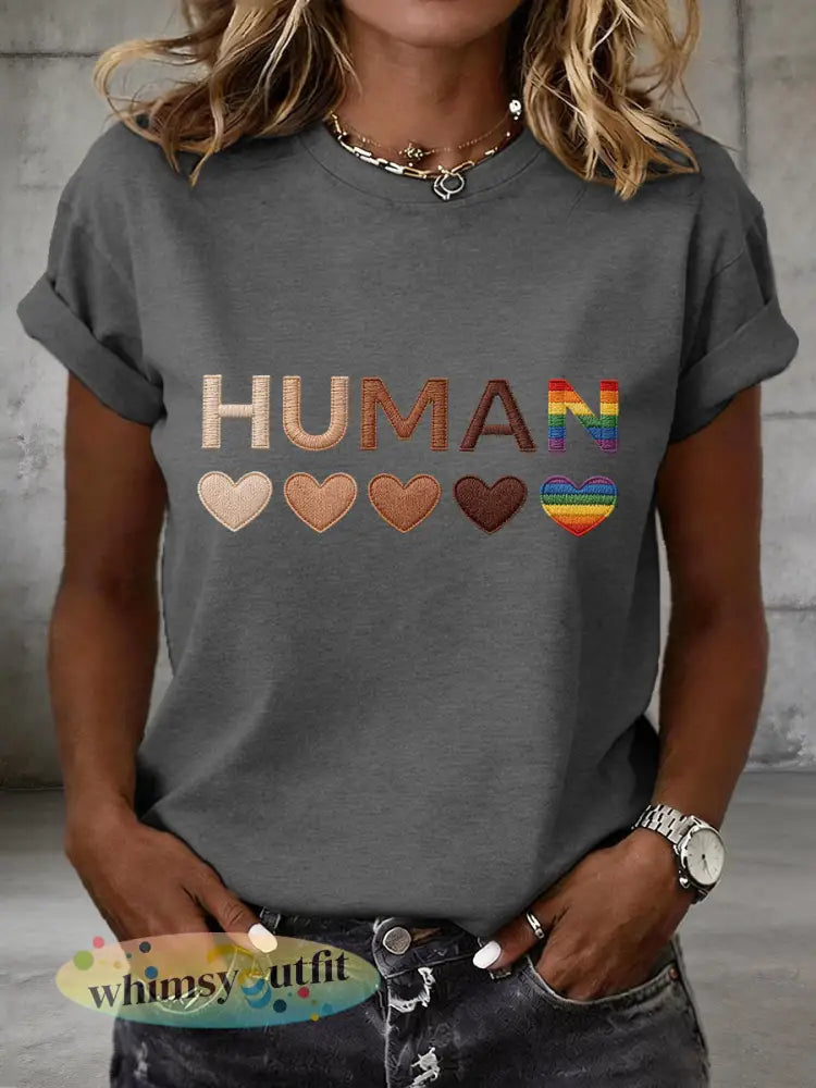 Vrouwen Menselijke Gelijkheid Borduurwerk Patroon T-shirt - Donkergrijs / S
