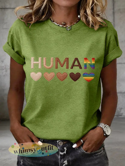 Vrouwen Menselijke Gelijkheid Borduurwerk Patroon T-shirt - Groen / S