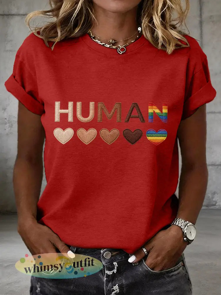 Vrouwen Menselijke Gelijkheid Borduurwerk Patroon T-shirt - Rood / S