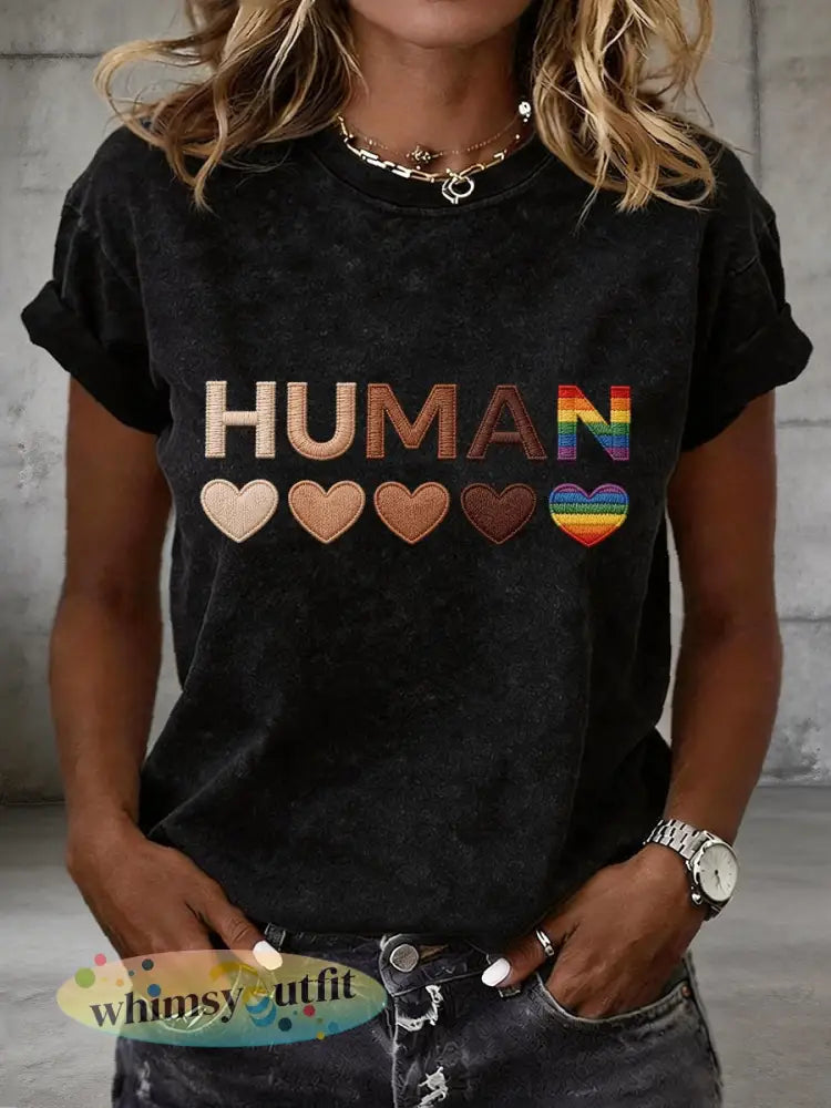Vrouwen Menselijke Gelijkheid Borduurwerk Patroon T-shirt - Zwart / S