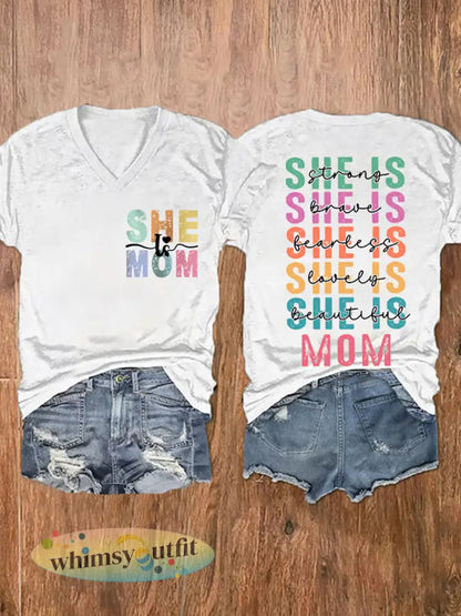 Vrouwen Moederdag hield van mooi ze is moeder bedrukt T-shirt met V-hals - Wit / S