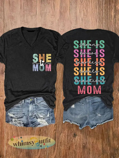 Vrouwen Moederdag hield van mooi ze is moeder bedrukt T-shirt met V-hals - Zwart / S