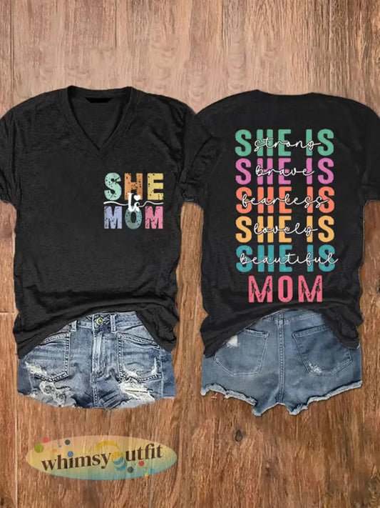 Vrouwen Moederdag hield van mooi ze is moeder bedrukt T-shirt met V-hals - Zwart / S