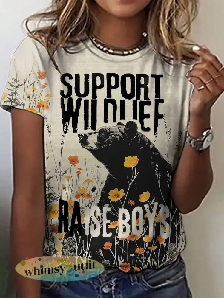 Vrouwen Moederdag Ondersteuning Wildlife Raise Boys Gedrukt T-shirt - Abrikoos / S