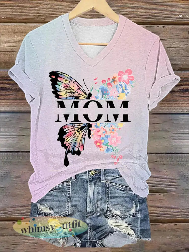 Vrouwen Moederdag Vlinder Moeder Bloem Moeder Gedrukte V-hals T-shirt met korte mouwen - Lichtroze / S