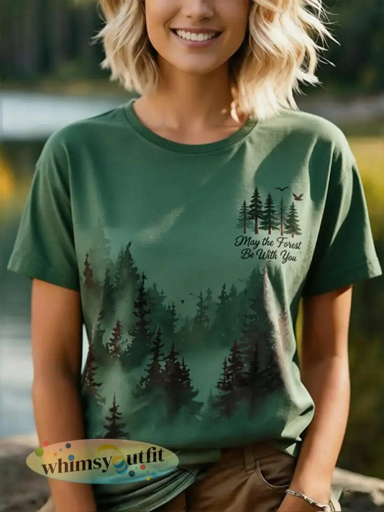 Vrouwen Moge Het Bos Met U Gedrukt Casual T-shirt - Groen / S