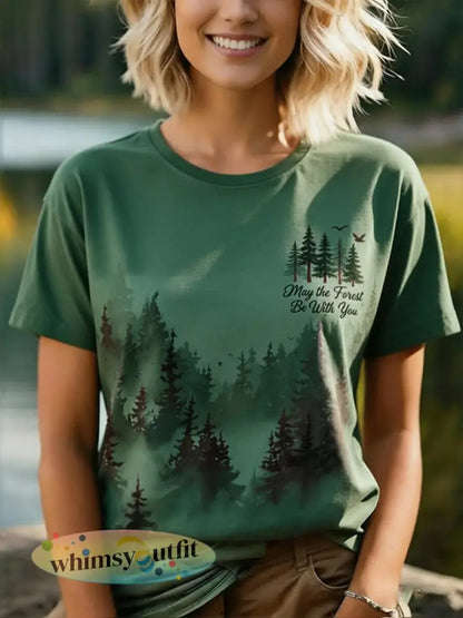 Vrouwen Moge Het Bos Met U Gedrukt Casual T-shirt - Groen / S
