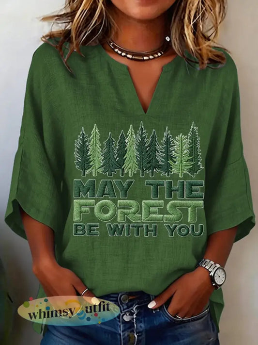 Vrouwen Moge Het Bos Zijn Met U Gedrukte V-hals Shirt - Groen / S