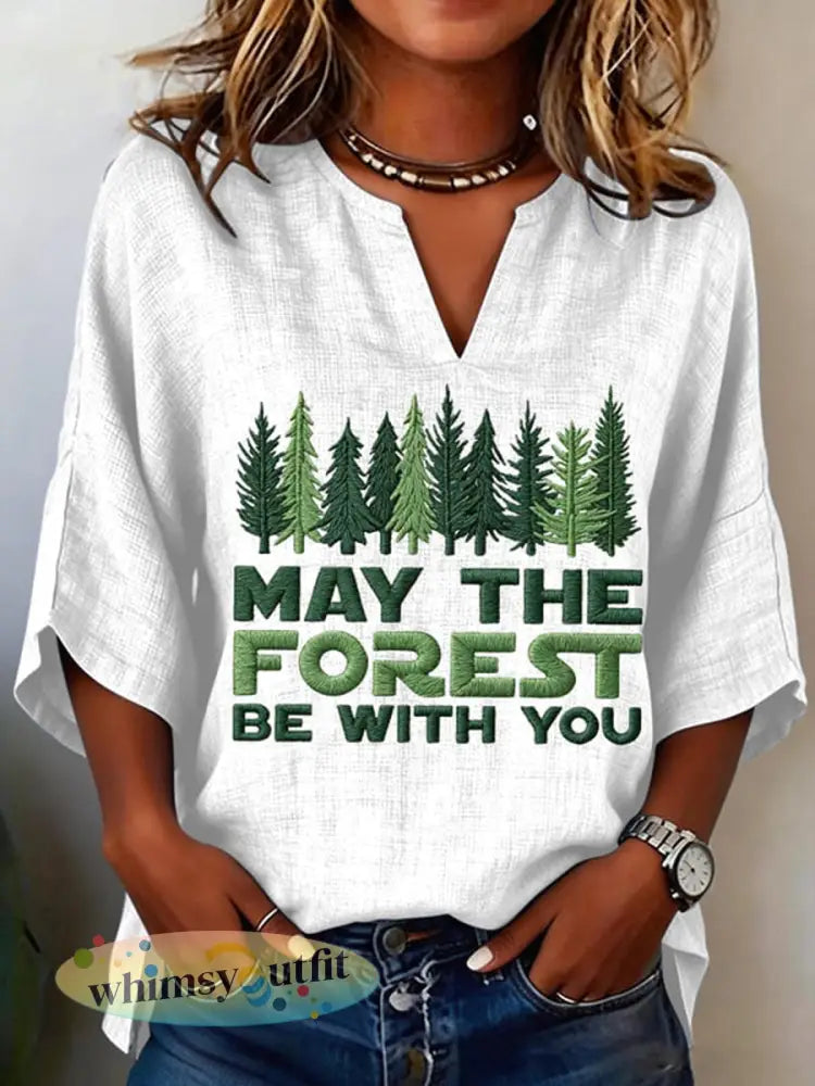 Vrouwen Moge Het Bos Zijn Met U Gedrukte V-hals Shirt - Wit / S