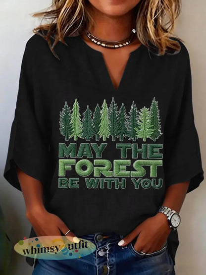 Vrouwen Moge Het Bos Zijn Met U Gedrukte V-hals Shirt - Zwart / S