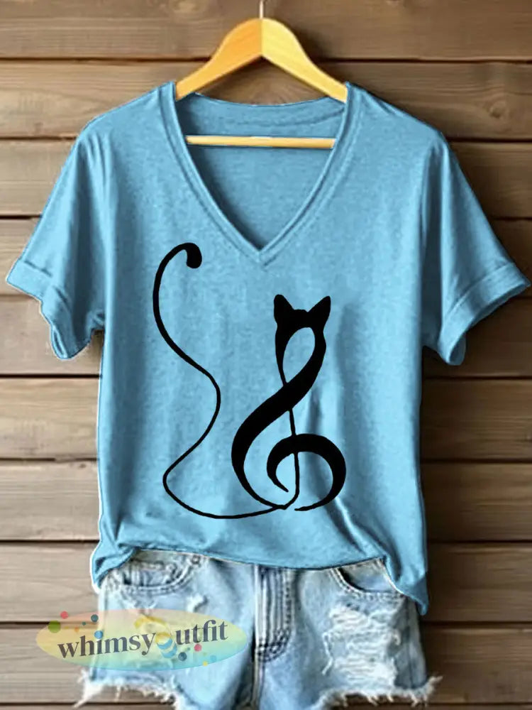 Vrouwen Muziek Note Geïnspireerd Cat Print V-hals T-shirt - Blauw / S