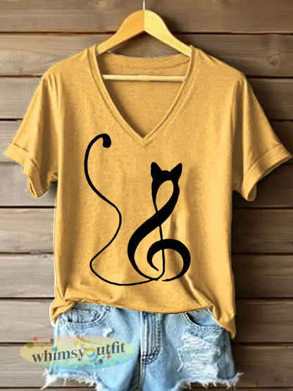 Vrouwen Muziek Note Geïnspireerd Cat Print V-hals T-shirt - Geel / S