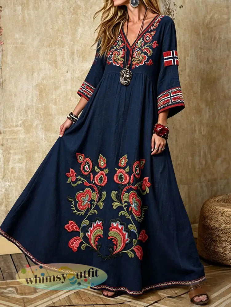 Vrouwen Scandinavische stijl Noorwegen kunst bedrukt linnen jurken - Marineblauw / S
