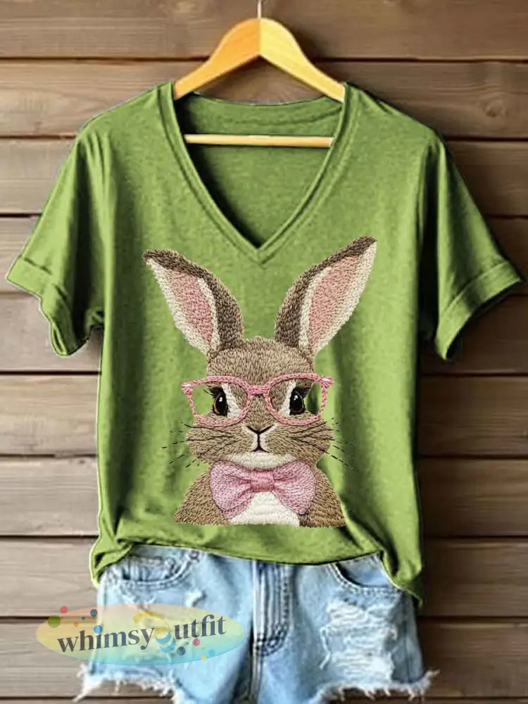 Vrouwen Schattige Bunny Borduurwerk Patroon T-shirt - Groen / S