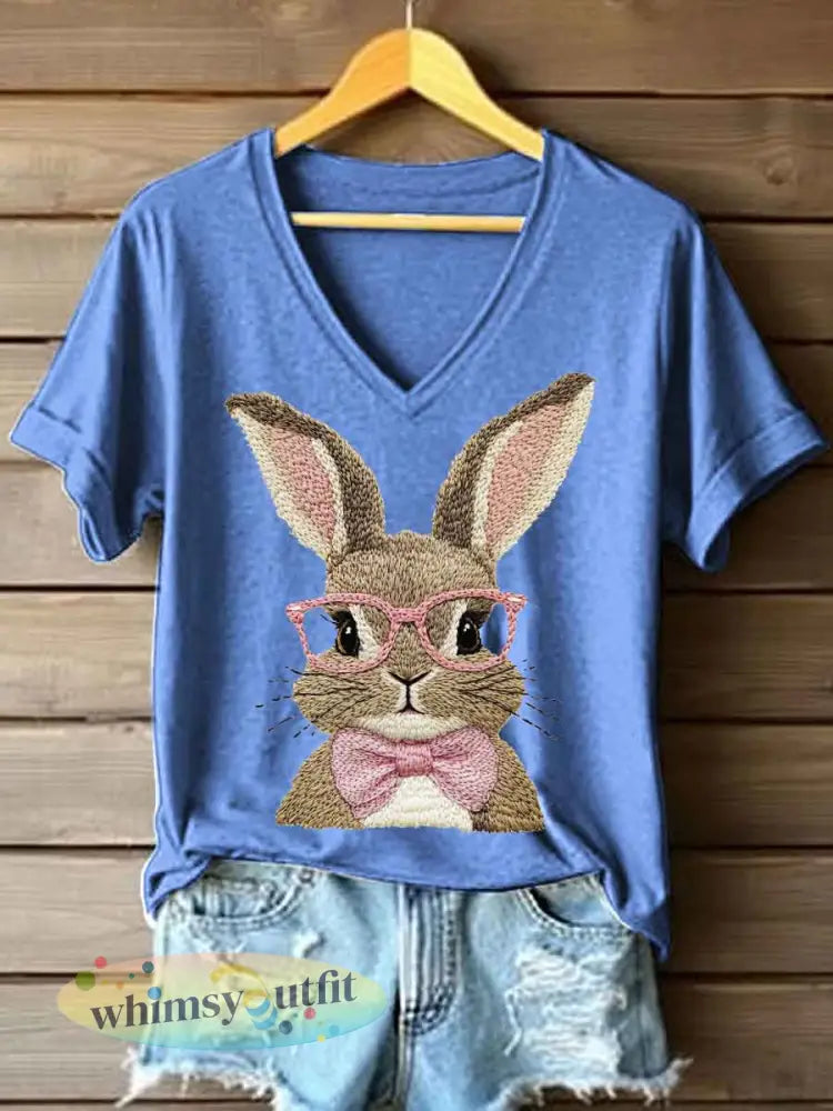 Vrouwen Schattige Bunny Borduurwerk Patroon T-shirt - Lichtblauw / S