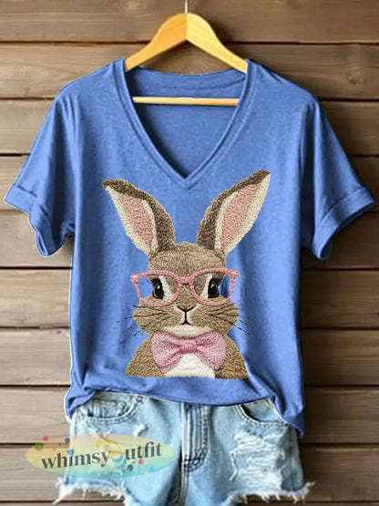 Vrouwen Schattige Bunny Borduurwerk Patroon T-shirt - Lichtblauw / S