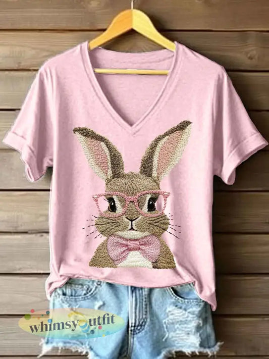 Vrouwen Schattige Bunny Borduurwerk Patroon T-shirt - Roze / S