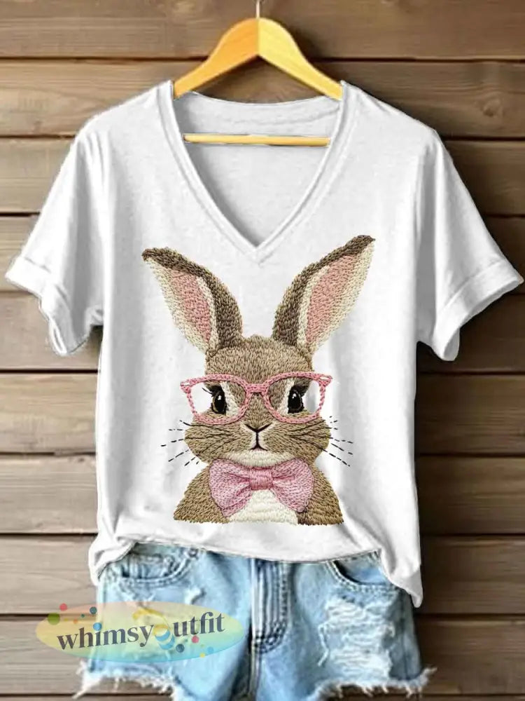 Vrouwen Schattige Bunny Borduurwerk Patroon T-shirt - Wit / S