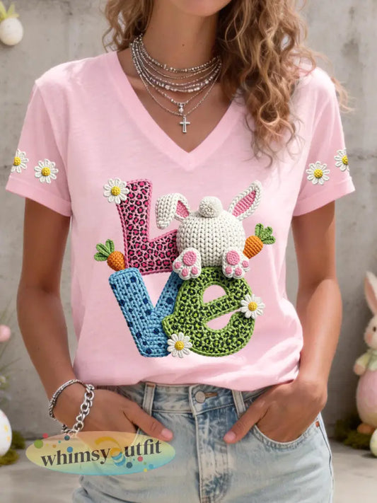 Vrouwen Schattige Bunny Patroon V-hals T-shirt - Roze / S