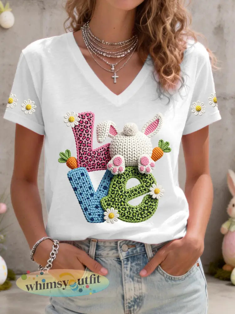 Vrouwen Schattige Bunny Patroon V-hals T-shirt - Wit / S