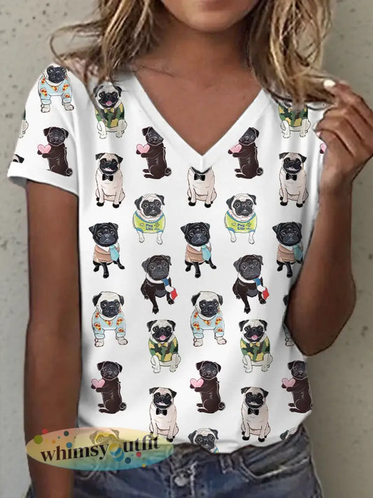 Vrouwen Schattige Pug Print V-hals T-shirt - als foto / S