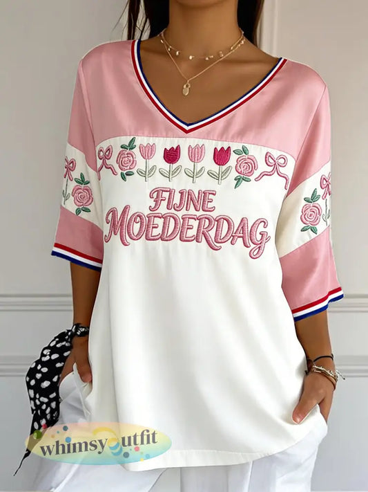 Vrouwen Tulp Bloemen Nederlands Patchwork Print Moederdag Cadeau Mode V-hals T-shirt - Wit / S