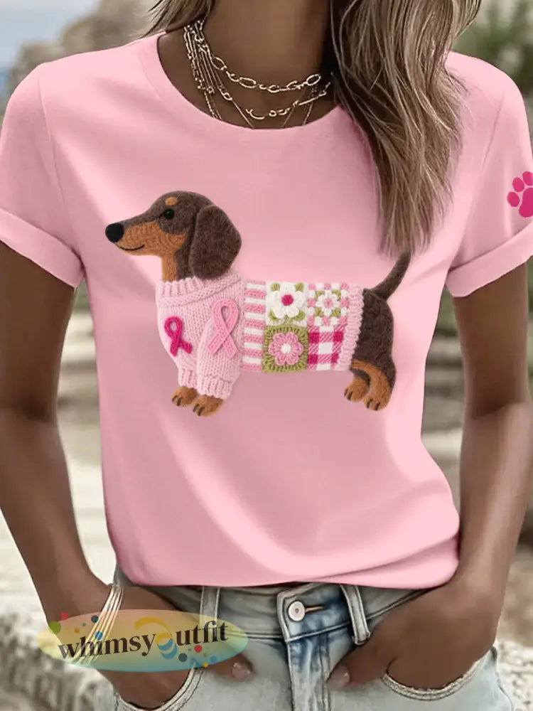 Vrouwen Vilt Art Teckel Patroon T-shirt - Roze / S