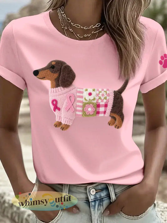 Vrouwen Vilt Art Teckel Patroon T-shirt - Roze / S