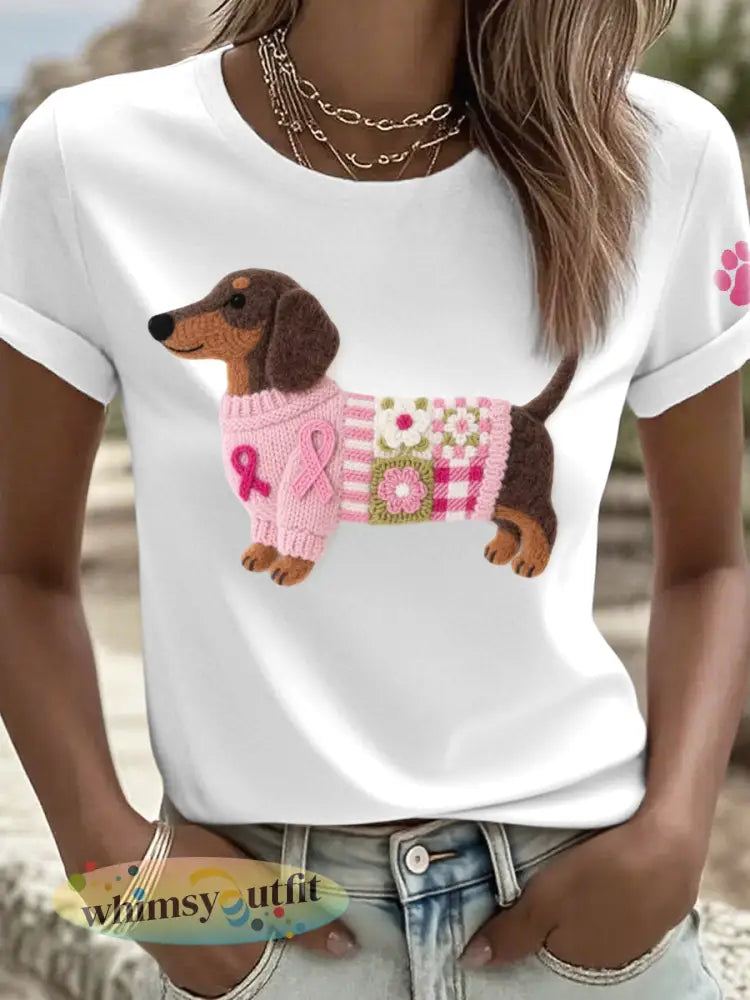 Vrouwen Vilt Art Teckel Patroon T-shirt - Wit / S