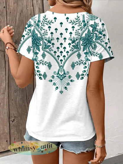 Vrouwen Vintage Bloemenprint Casual V-hals T-shirt