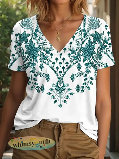 Vrouwen Vintage Bloemenprint Casual V-hals T-shirt - als foto / S