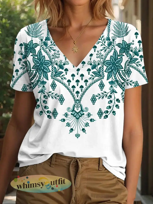 Vrouwen Vintage Bloemenprint Casual V-hals T-shirt - als foto / S