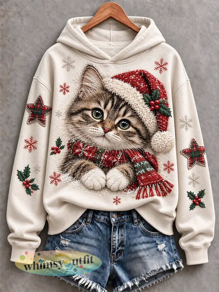 Vrouwen Vintage Leuke Kerst Kattenprint Gezellige Hoodie - melkachtig wit / S