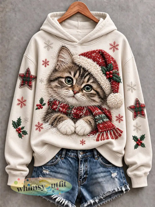 Vrouwen Vintage Leuke Kerst Kattenprint Gezellige Hoodie - melkachtig wit / S